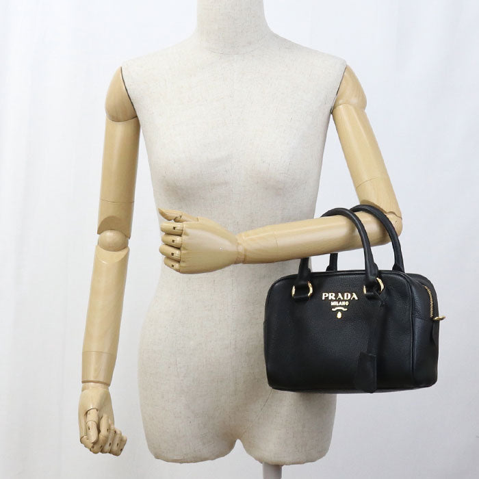 PRADA – 2WAY Vittello Leather Handbag – Black with Gold Hardware –