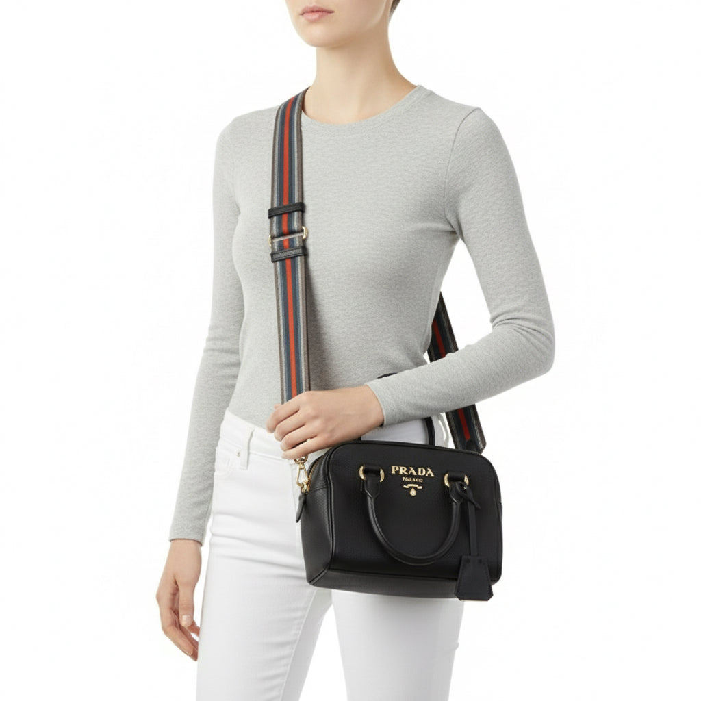 PRADA – 2WAY Vittello Leather Handbag – Black with Gold Hardware –