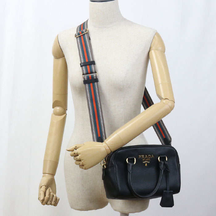 PRADA – 2WAY Vittello Leather Handbag – Black with Gold Hardware –