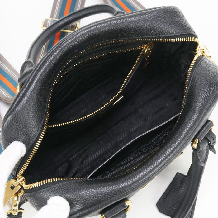 PRADA – 2WAY Vittello Leather Handbag – Black with Gold Hardware –