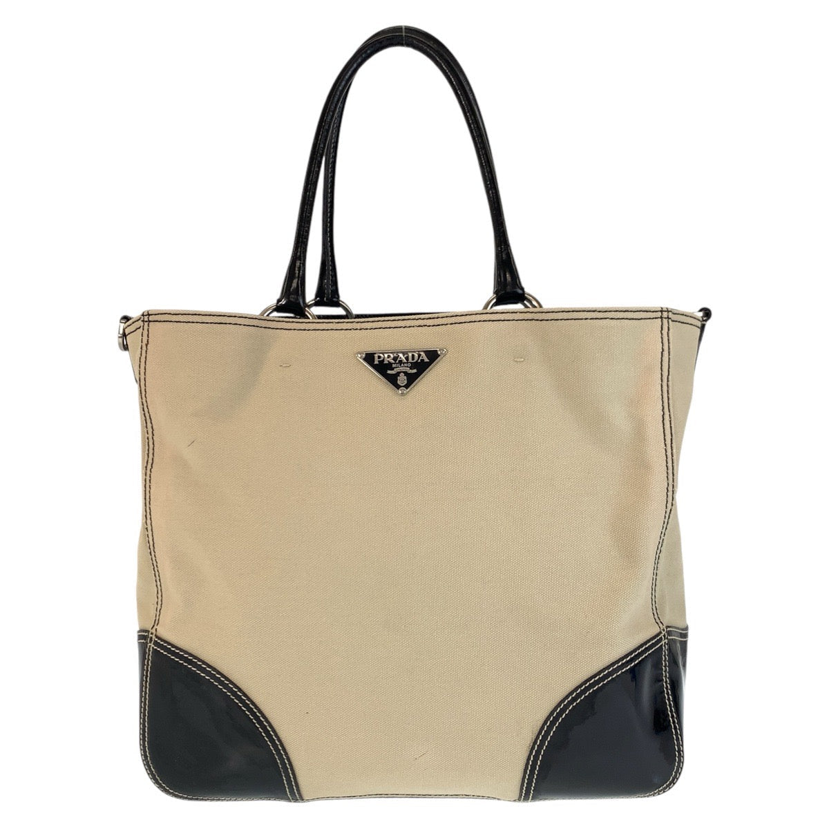 PRADA – Canvas Tote Bag with Triangle Logo – Beige &amp; Black with Silver Hardware –