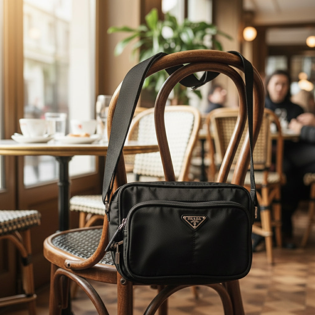 PRADA – Nylon Shoulder Bag with Triangle Logo – Black with Silver Hardware –