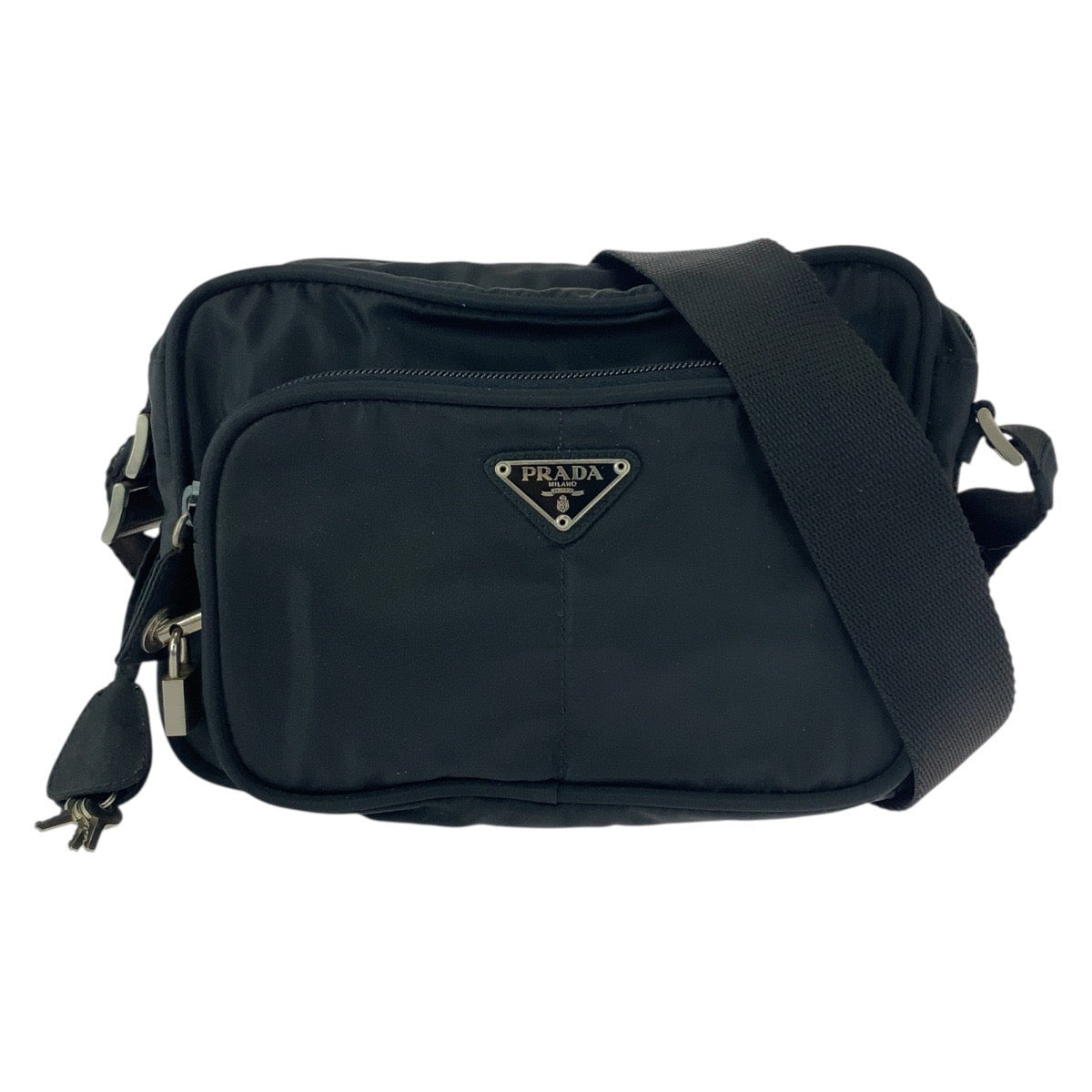 PRADA – Nylon Shoulder Bag with Triangle Logo – Black with Silver Hardware –