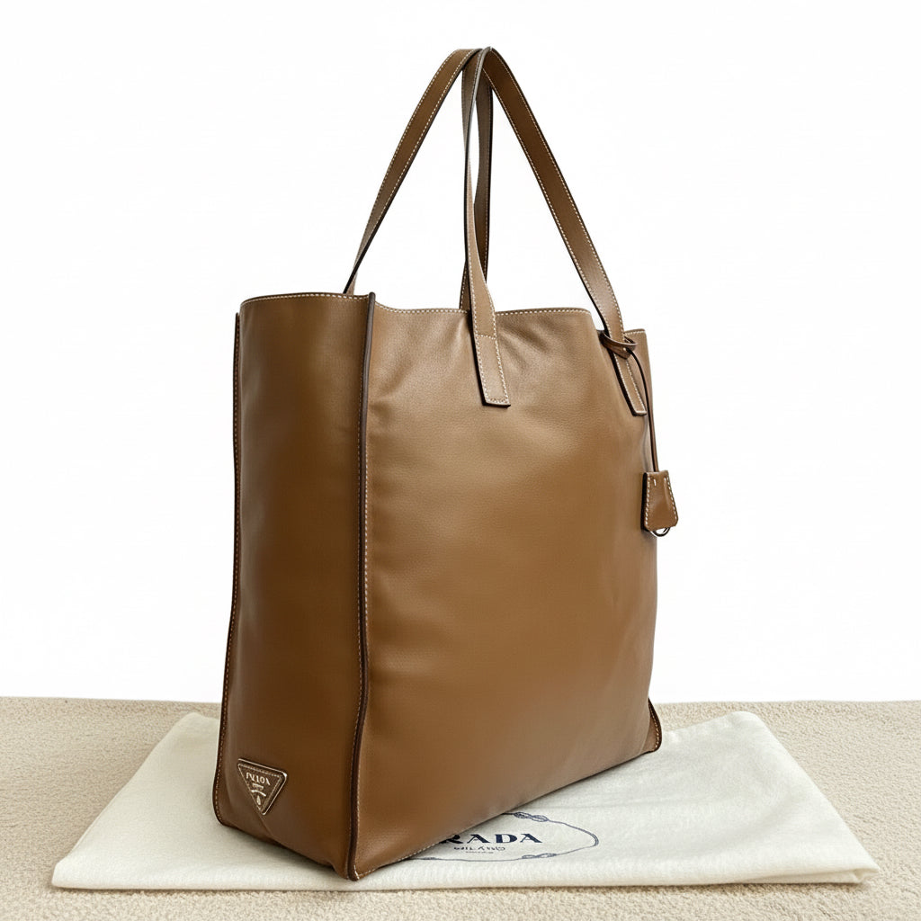 PRADA – Brown Leather Triangle Logo Tote Bag –