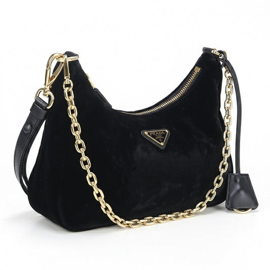 PRADA – Velvet Mini Re-Edition Shoulder Bag – Black with Gold Hardware –