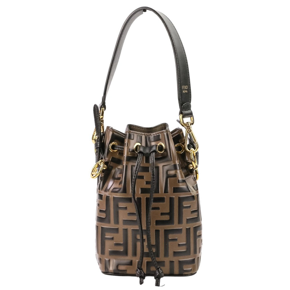 FENDI Mini Mon Trésor Bucket Bag – Brown FF Embossed Leather – 2-Way Drawstring – 100% Authentic Previously myOwned | Excellent Condition