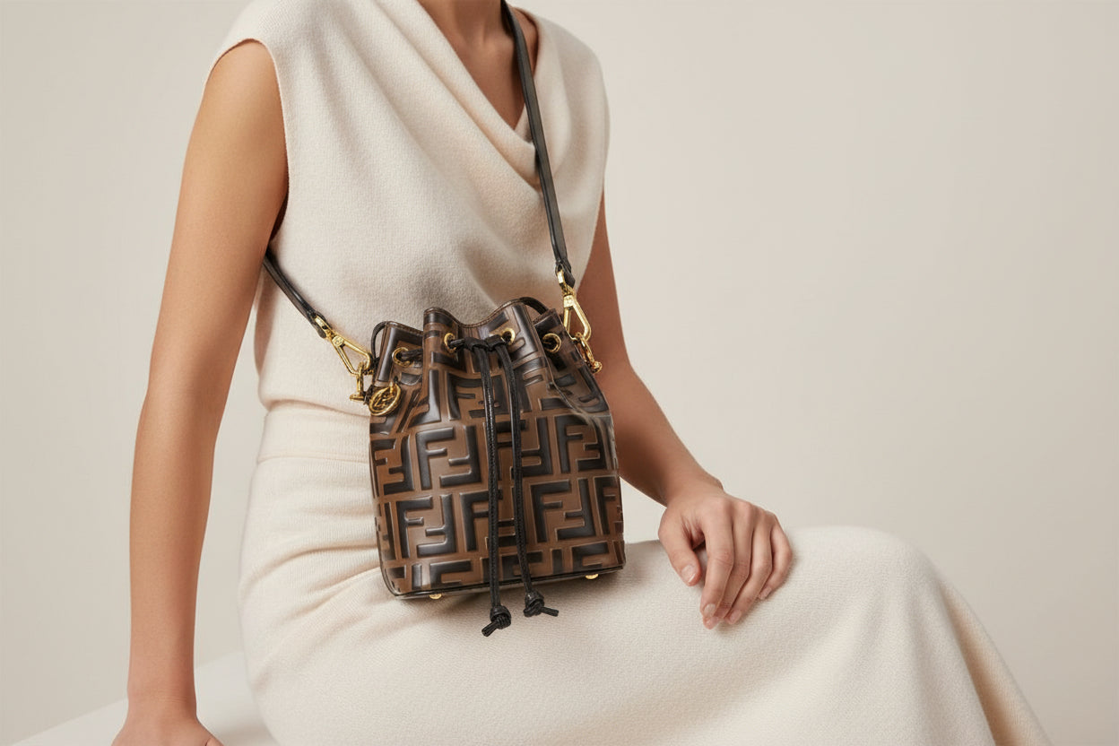 FENDI Mini Mon Trésor Bucket Bag – Brown FF Embossed Leather – 2-Way Drawstring – 100% Authentic Previously myOwned | Excellent Condition