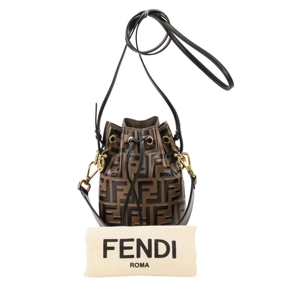 FENDI Mini Mon Trésor Bucket Bag – Brown FF Embossed Leather – 2-Way Drawstring – 100% Authentic Previously myOwned | Excellent Condition