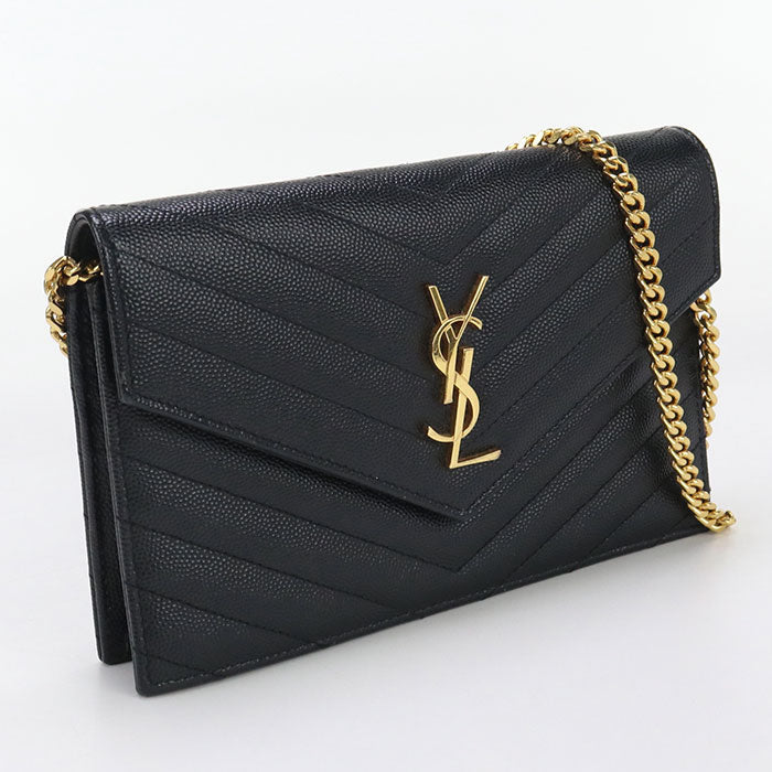 SAINT LAURENT – Envelope Cassandra Chain Wallet – Black Calfskin with Gold-Tone Hardware –