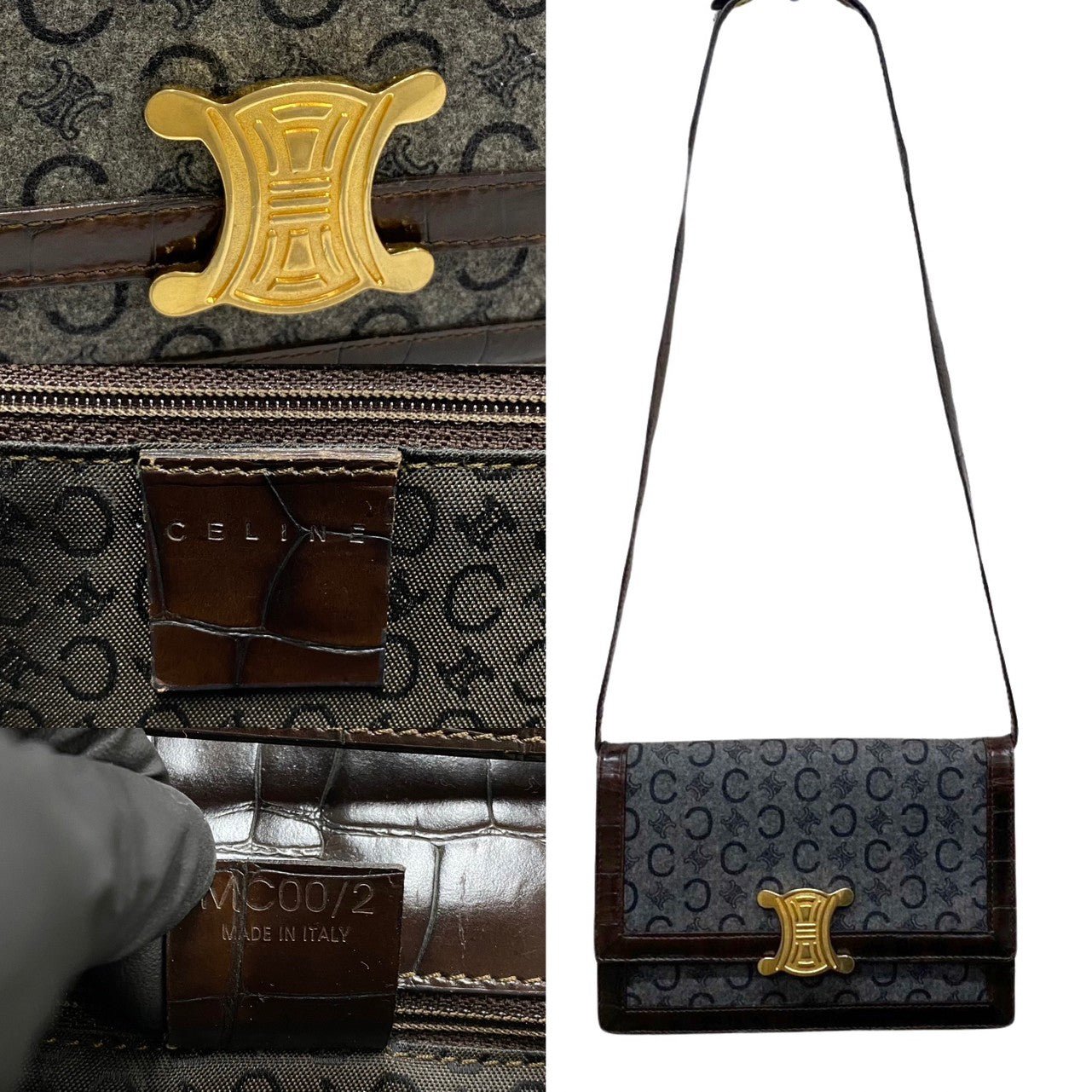 CELINE Macadam Triomphe Logo Crossbody Bag in Coated Canvas & Leather (Vintage, Circa 1990s, Designer: Michael Kors – Macadam Collection) – Pre - Owned, 100% Authentic Item No. 733d732 - 19079 - LLUXE.CA