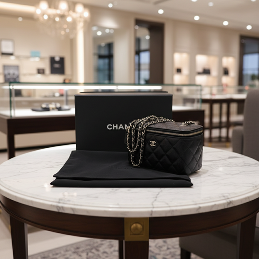 CHANEL – Matelassée Vanity Shoulder Bag  – COCO Mark – Caviar Skin – Black