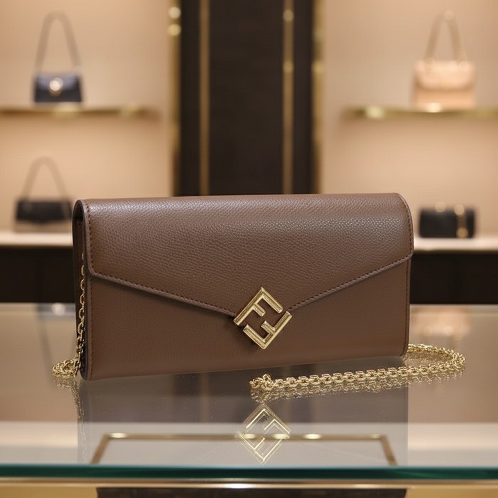 FENDI – FF Diamond Chain Wallet –Brown Leather with Gold-Tone Hardware