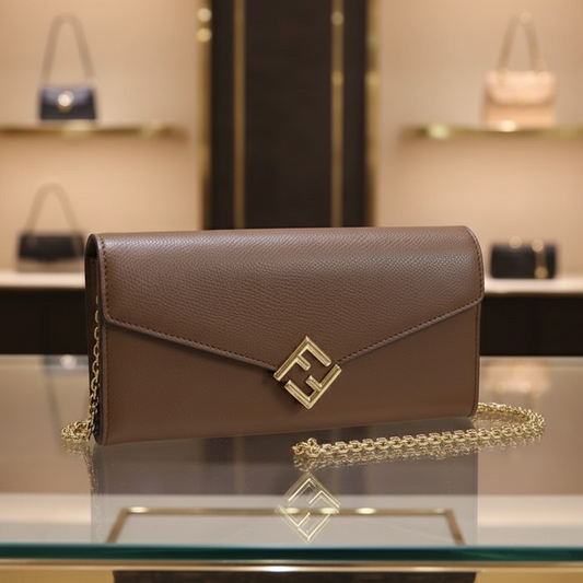FENDI – FF Diamond Chain Wallet –Brown Leather with Gold-Tone Hardware