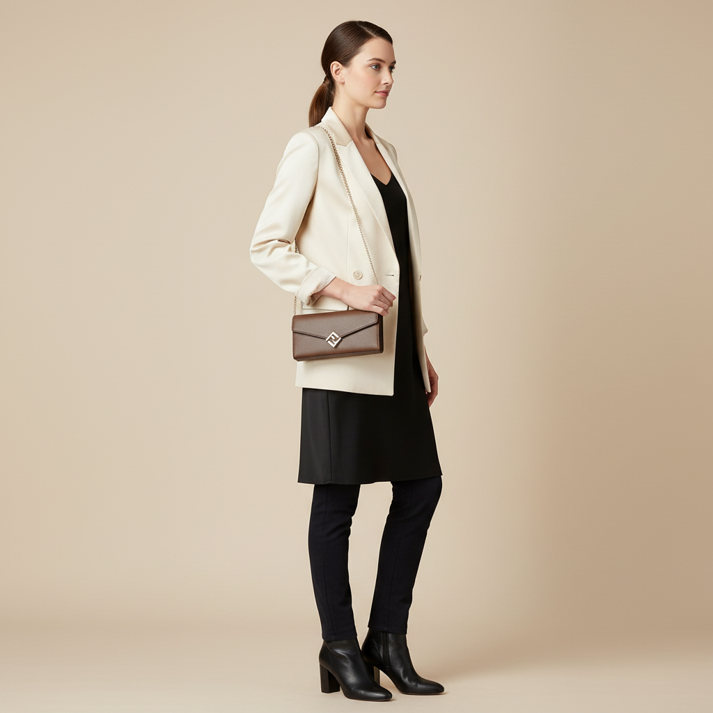 FENDI – FF Diamond Chain Wallet –Brown Leather with Gold-Tone Hardware