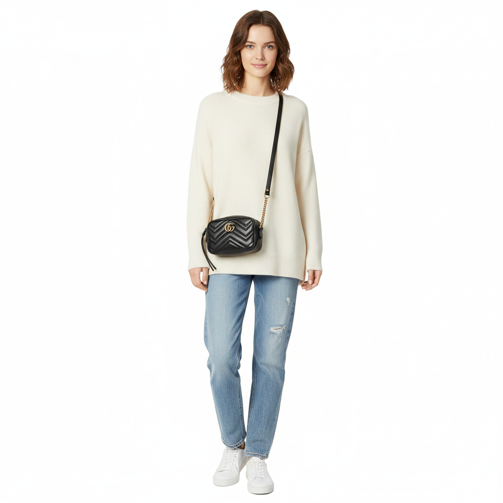 GUCCI – GG Marmont Mini Camera / Diagonal Shoulder Bag – Black Chevron Matelassé Leather