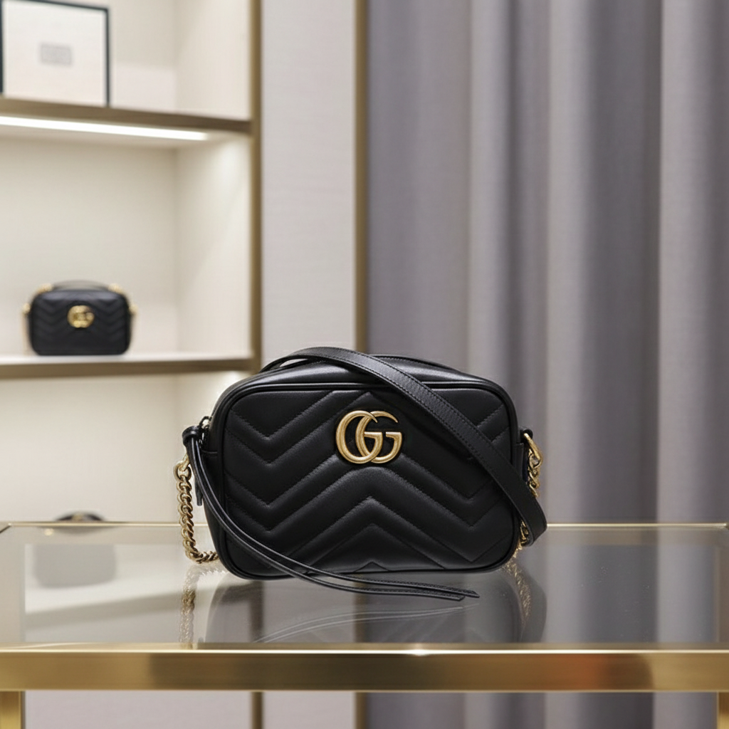 GUCCI – GG Marmont Mini Camera / Diagonal Shoulder Bag – Black Chevron Matelassé Leather