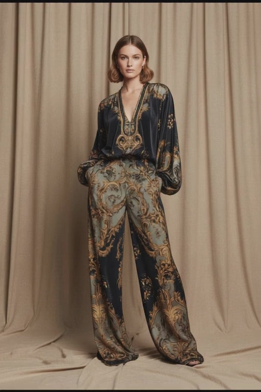 Baroque Satin Two-Piece Set for Women – Long Sleeve V-Neck Blouse & Wide-Leg Pants – Elegant Lightweight Matching Outfit