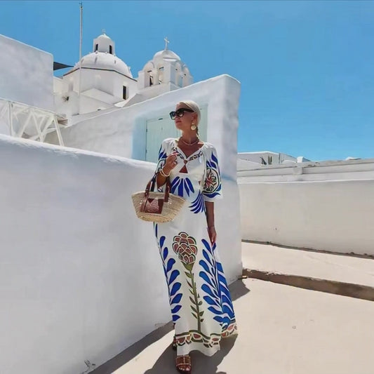 Bohemian White Maxi Dress - V-Neck Lace-Up Backless A-Line Vacation Dress with Half Sleeves