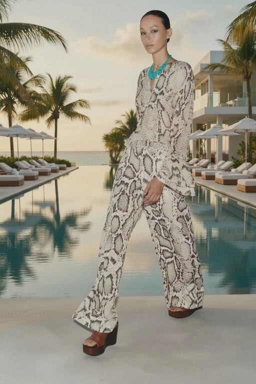 Women’s Snake Print Blouse & Wide-Leg Pants Set | Lightweight Vacation & Summer