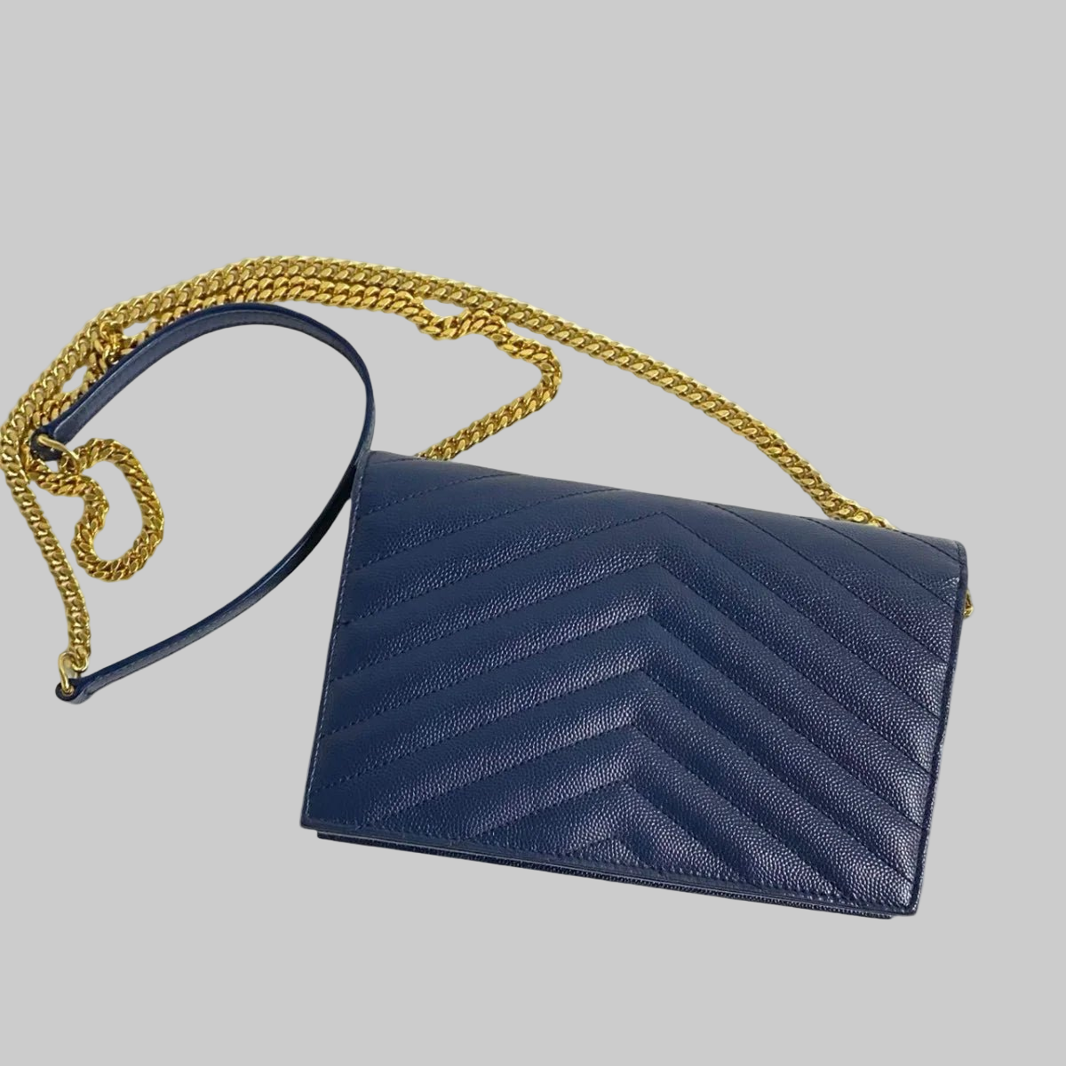 SAINT LAURENT – Envelope Wallet on Chain – Navy Leather with Gold YSL Logo –