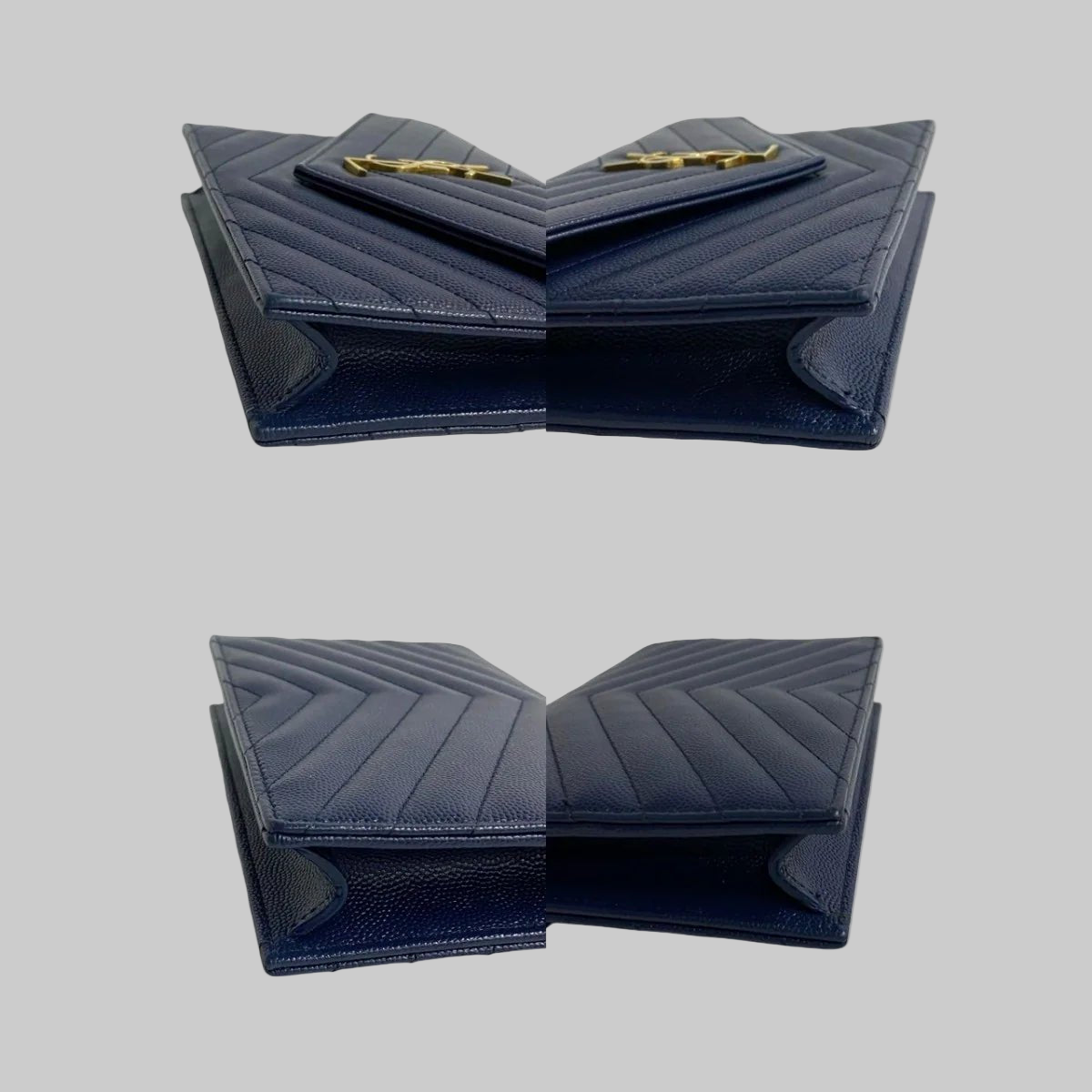 SAINT LAURENT – Envelope Wallet on Chain – Navy Leather with Gold YSL Logo –