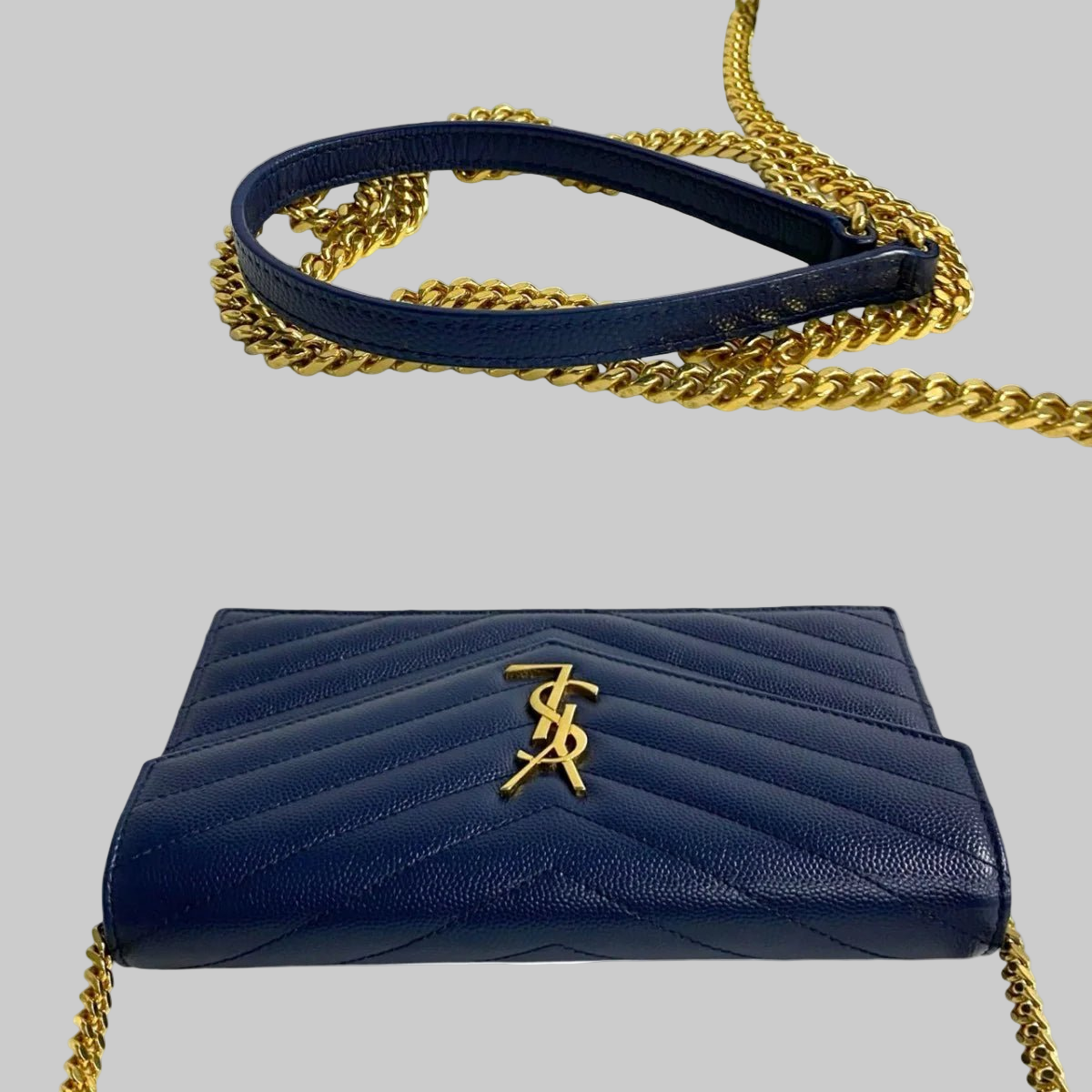 SAINT LAURENT – Envelope Wallet on Chain – Navy Leather with Gold YSL Logo –