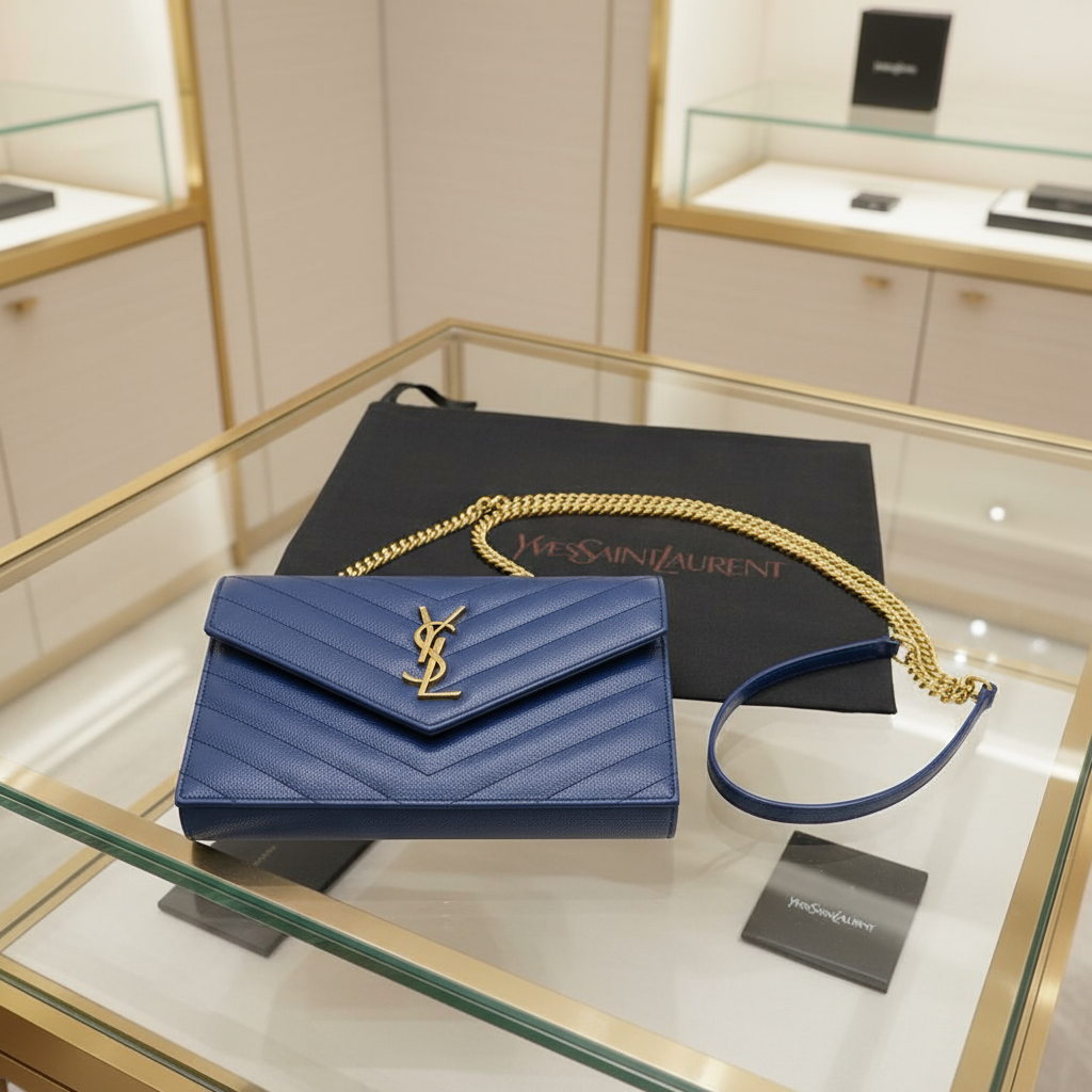 SAINT LAURENT – Envelope Wallet on Chain – Navy Leather with Gold YSL Logo –