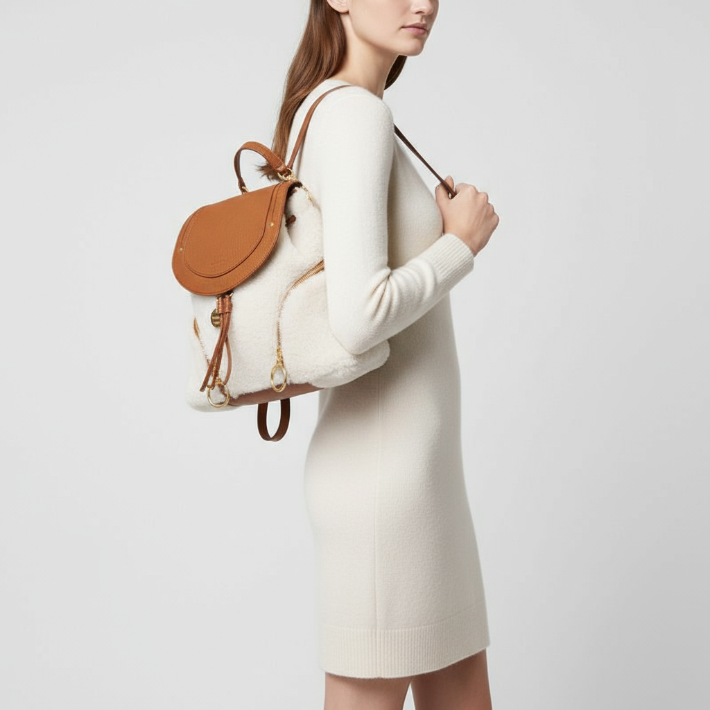 SEE BY CHLOÉ – Olga Backpack – White × Brown Mouton &amp; Leather –