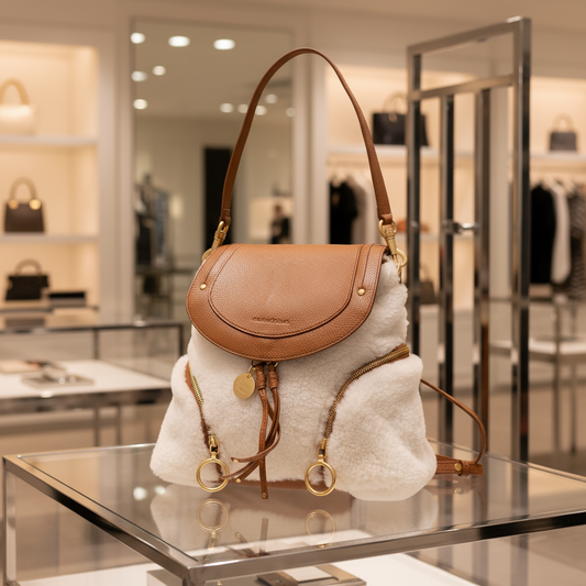 SEE BY CHLOÉ – Olga Backpack – White × Brown Mouton &amp; Leather –