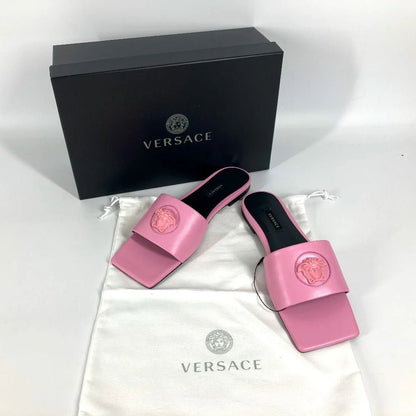 VERSACE – Sandals – Medusa Logo – Pink Leather – Donatella Versace – Circa 2022 – 100% Authentic Pre - Owned - LLUXE.CA