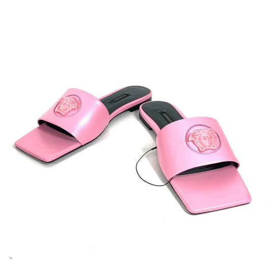 VERSACE – Sandals – Medusa Logo – Pink Leather – Donatella Versace – Circa 2022 – 100% Authentic Pre - Owned - LLUXE.CA
